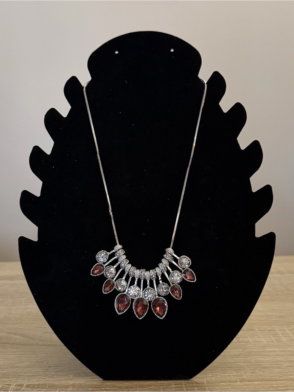 Burgundy Crystal Statement Necklace Silver Tone Glam Jewelry